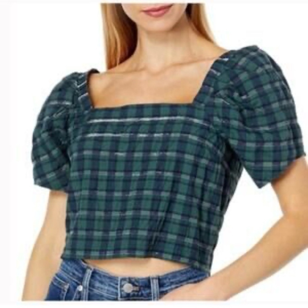 Madewell Green and Navy Plaid Puff Sleeve Crop Top